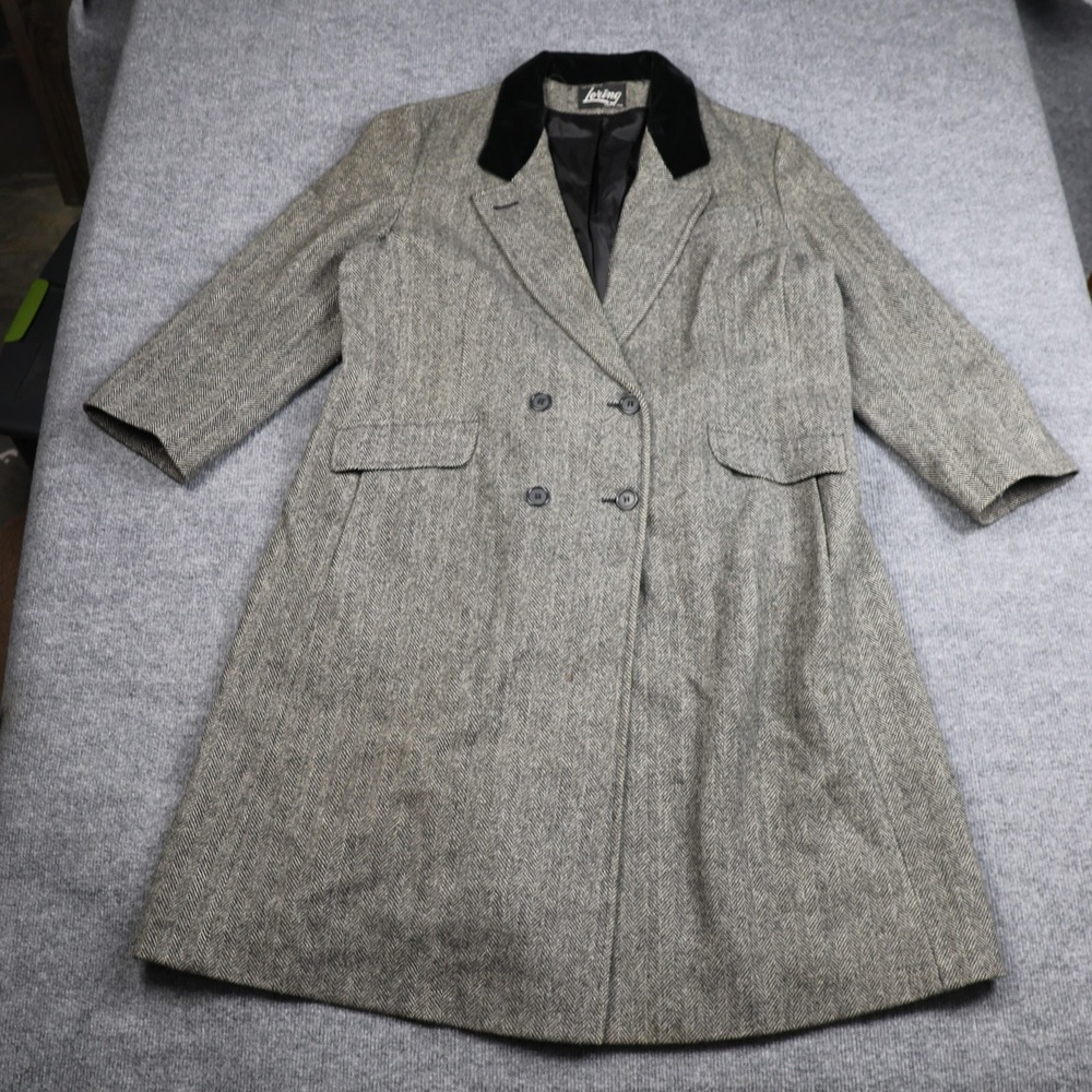 Vintage Loring Coat Womens Gray Herringbone Velvet Collar Double Breasted‎ 60s